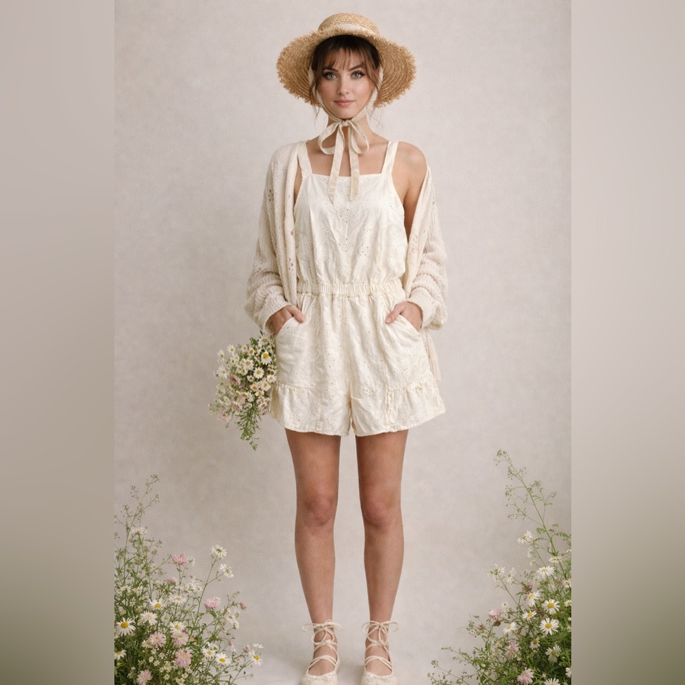 American Eagle Cottagecore Eyelet Romper | Feminine Romantic‎ Off-White Playsuit